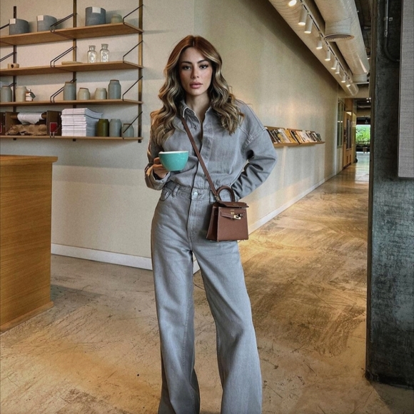 Zara LONG DENIM JUMPSUIT Taupe - Picture 7 of 11